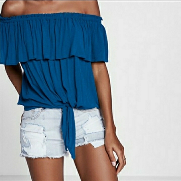 Express Tops - Express Turquoise Off Shoulder Tie Front Top